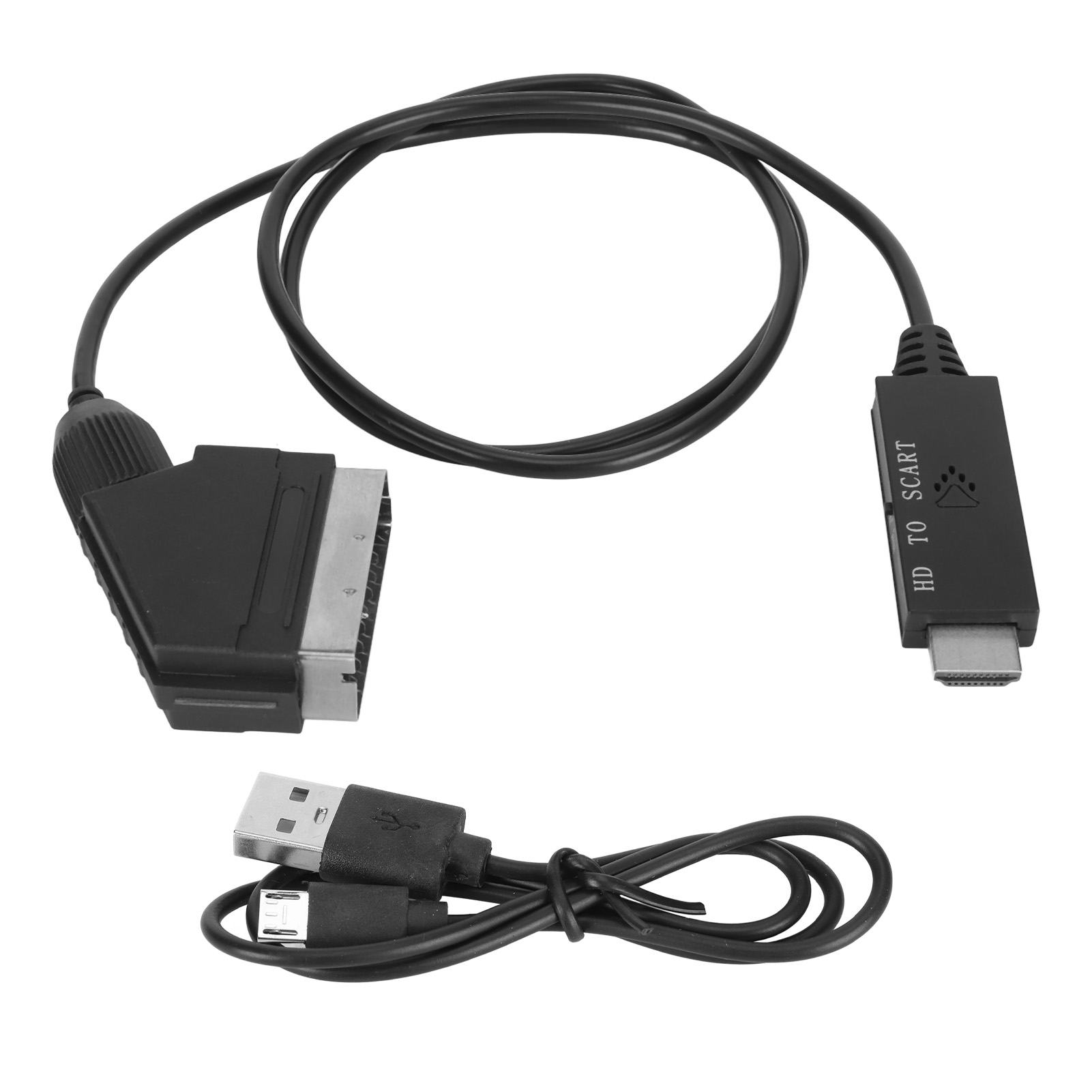 Schwarzes Kabel mit einem SCART-Anschluss an einem Ende und einem HDMI-Anschluss am anderen.