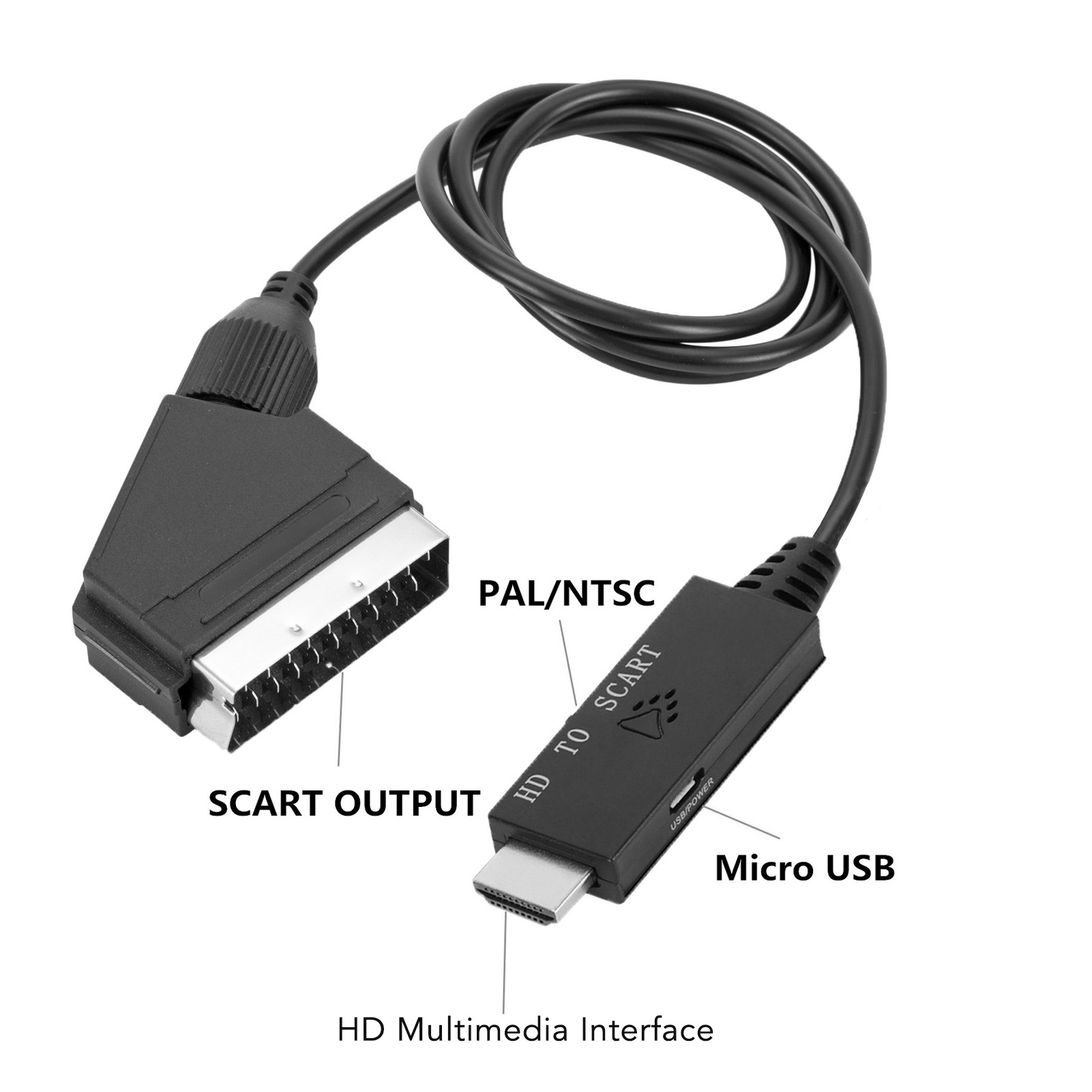 SCART-zu-HDMI-Adapterkabel. Ein Ende hat einen SCART-Ausgang, das andere HDMI und Micro-USB.