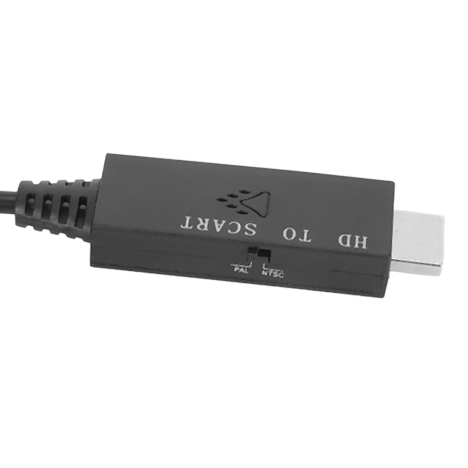 Ein schwarzer HDMI-zu-SCART-Adapter. Zeigt den PAL/NTSC-Schalter.