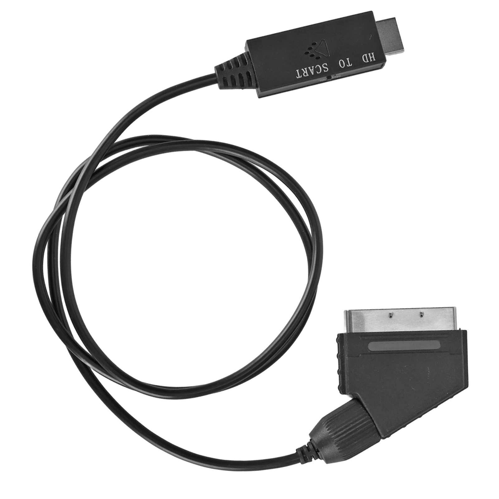 Schwarzes Kabel mit einem HDMI-Anschluss an einem Ende und einem SCART-Anschluss am anderen.