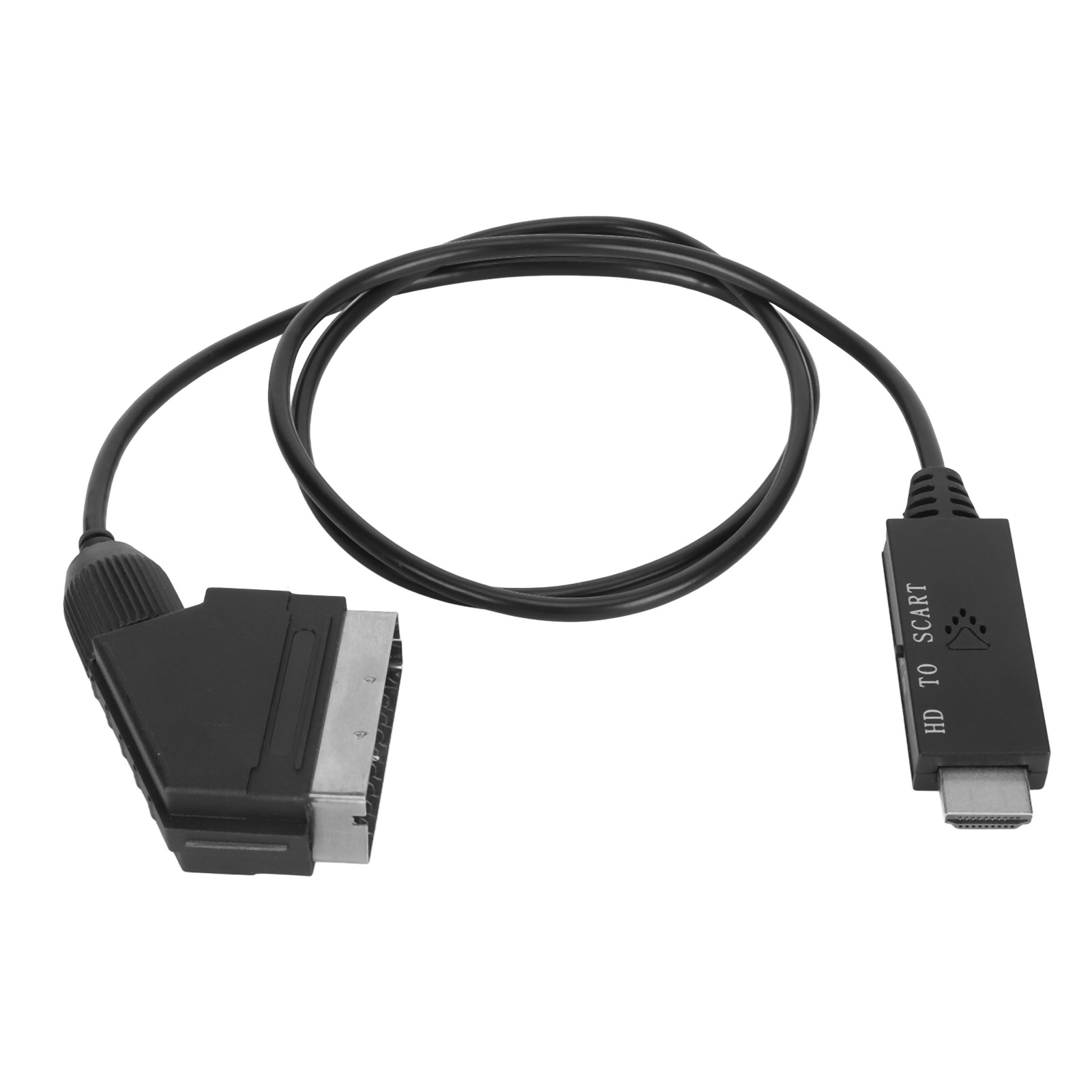 Ein schwarzes HDMI-zu-SCART-Adapterkabel. Ein Ende ist SCART, das andere ist HDMI.