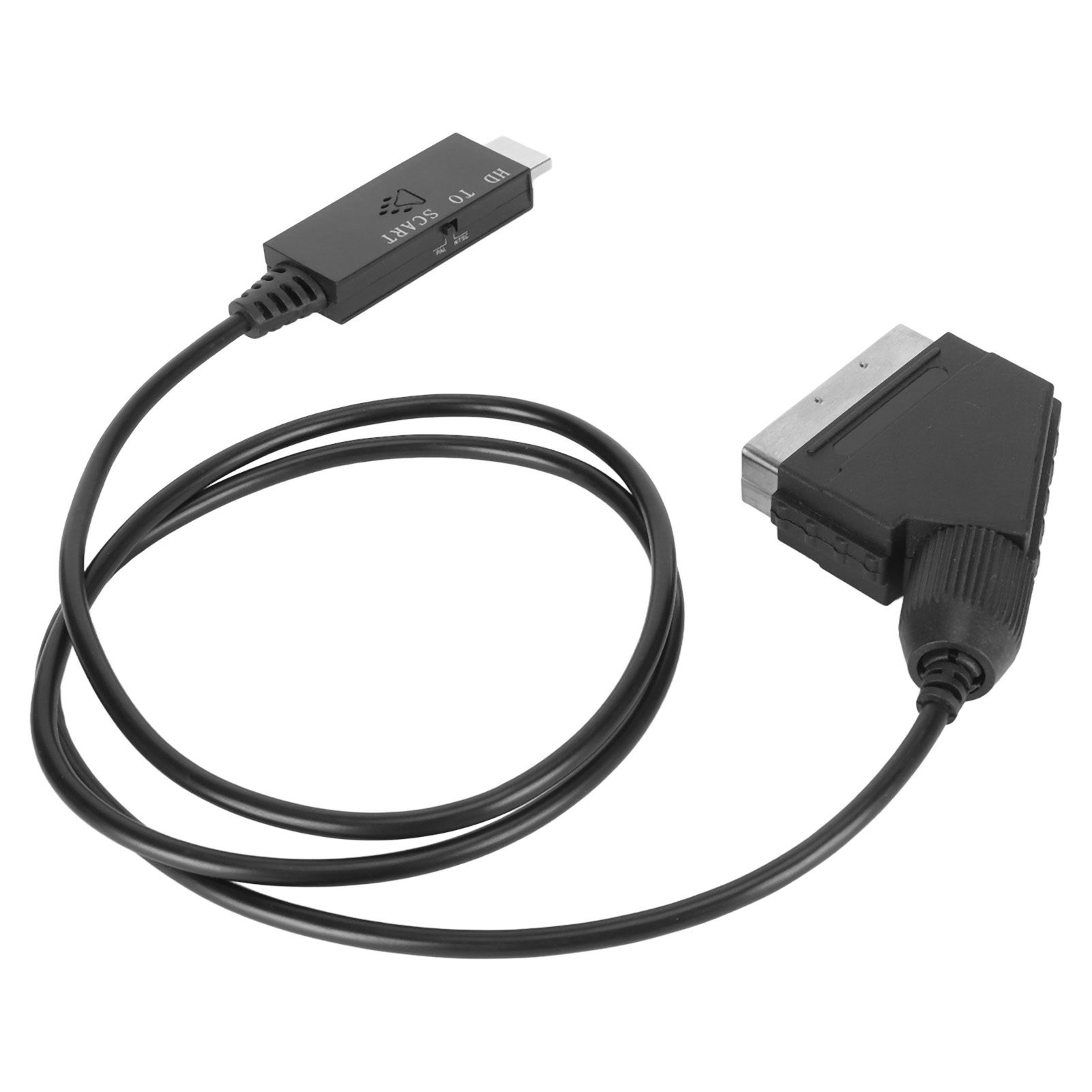 Schwarzes Kabel mit einem HDMI-Anschluss an einem Ende und einem SCART-Anschluss am anderen.