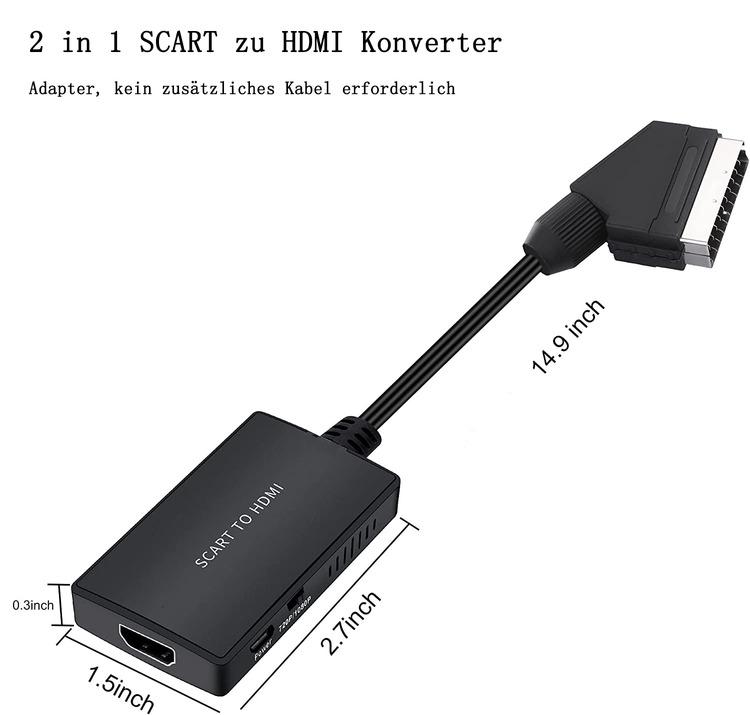 Schwarzer SCART-zu-HDMI-Adapter mit Abmessungen. Text enthält '2 in 1 SCART zu HDMI Konverter'.