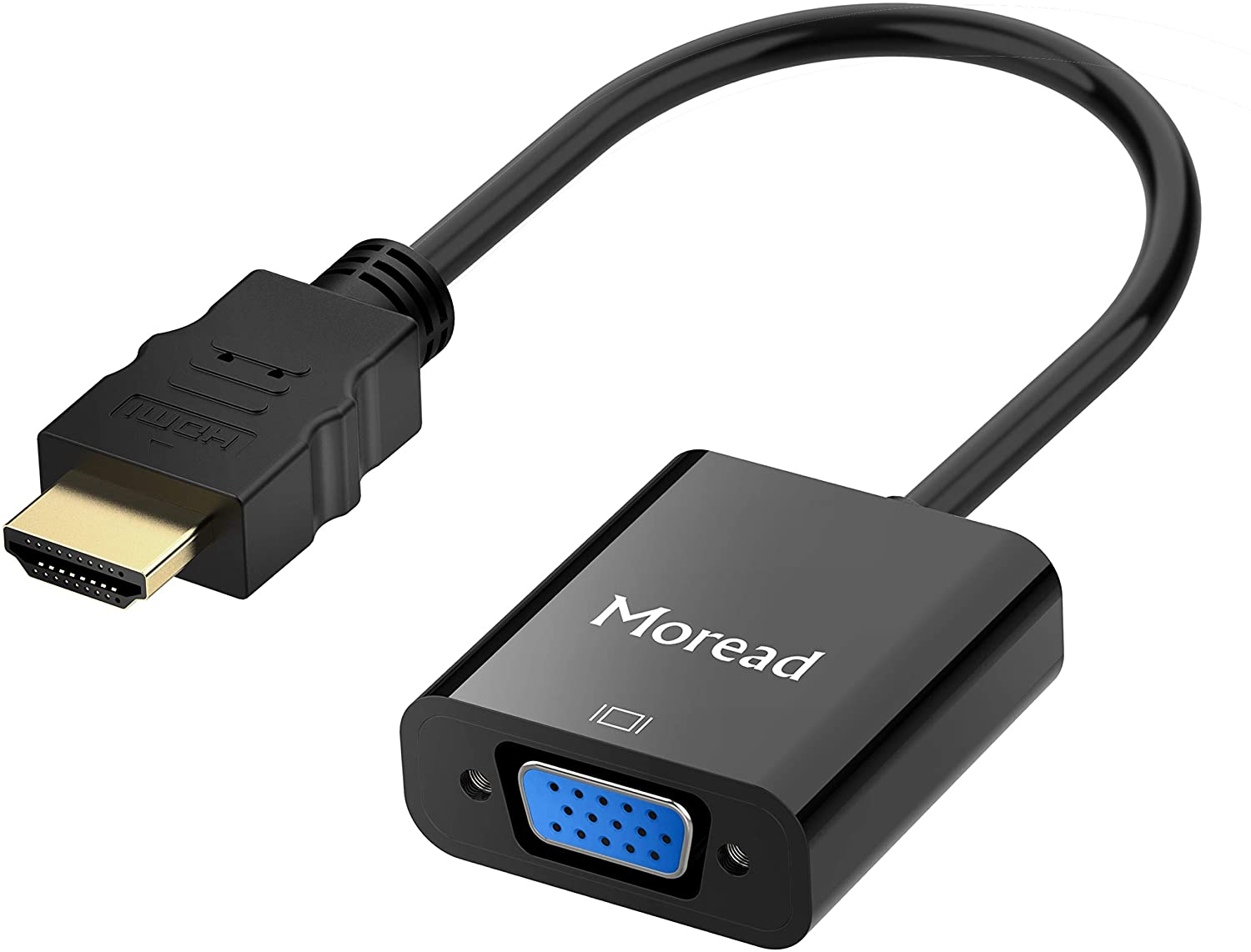 Schwarzer VGA-zu-HDMI-Adapter mit angeschlossenen Kabeln.