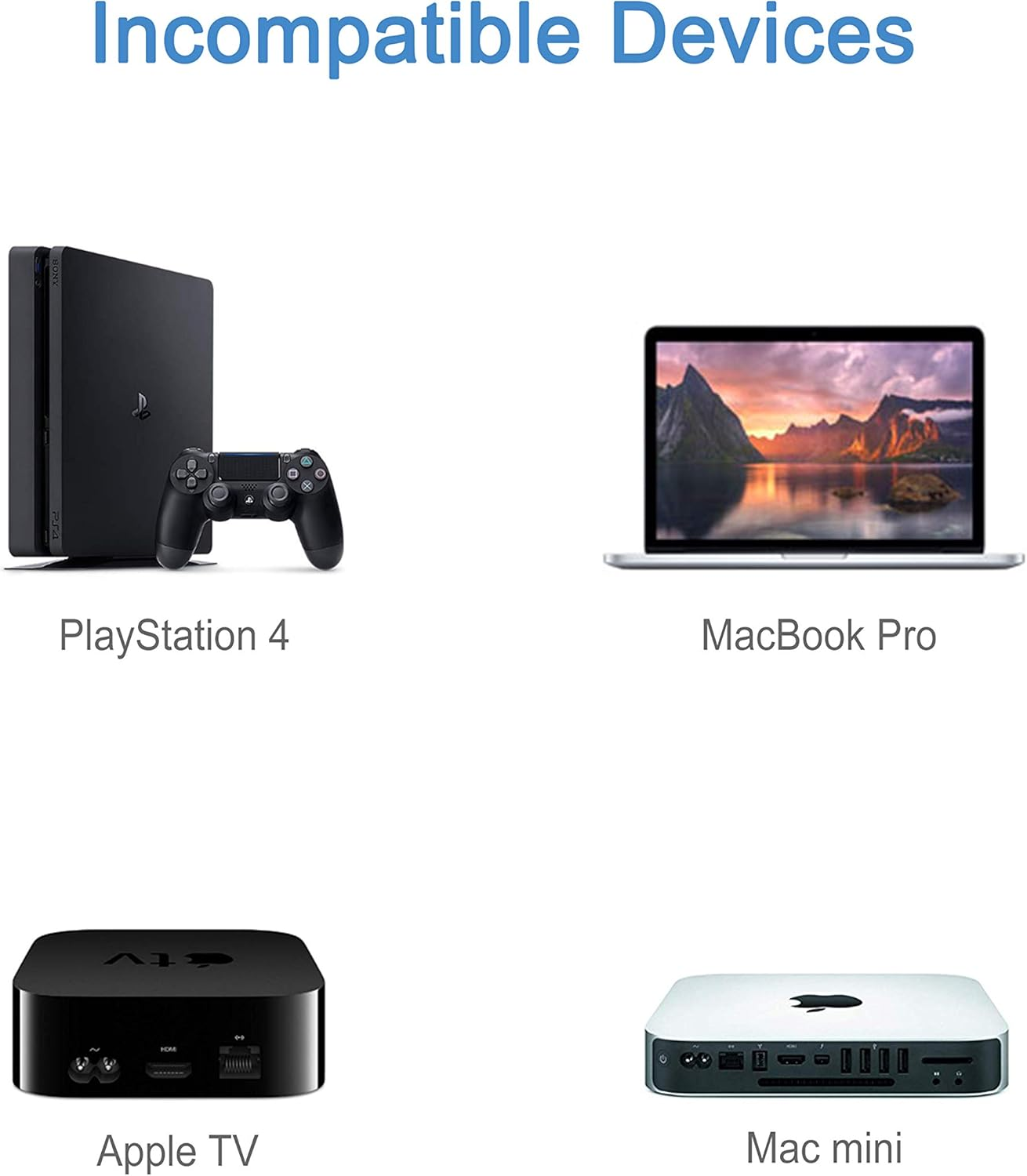 Bild mit inkompatiblen Geräten: PlayStation 4, MacBook Pro, Apple TV und Mac mini.