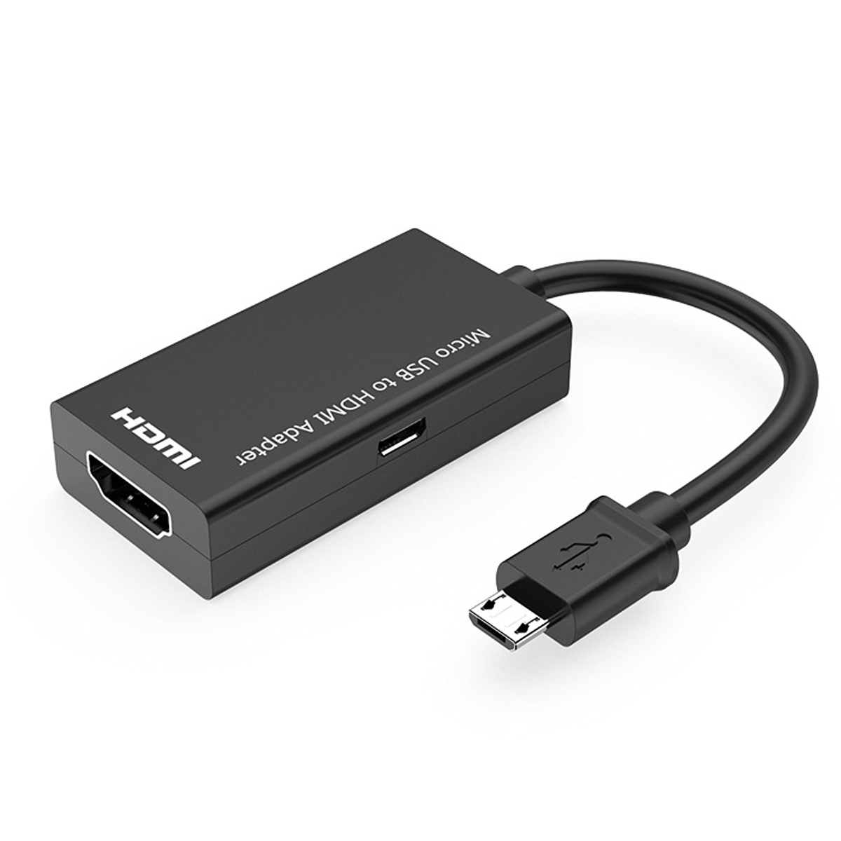 Schwarzer Micro-USB-zu-HDMI-Adapter mit sichtbaren Anschlüssen und angeschlossenem Kabel.