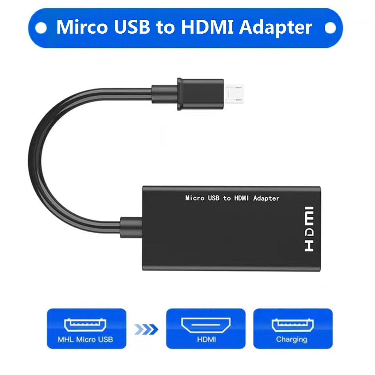 Schwarzer Micro-USB-zu-HDMI-Adapter mit drei Funktionssymbolen.