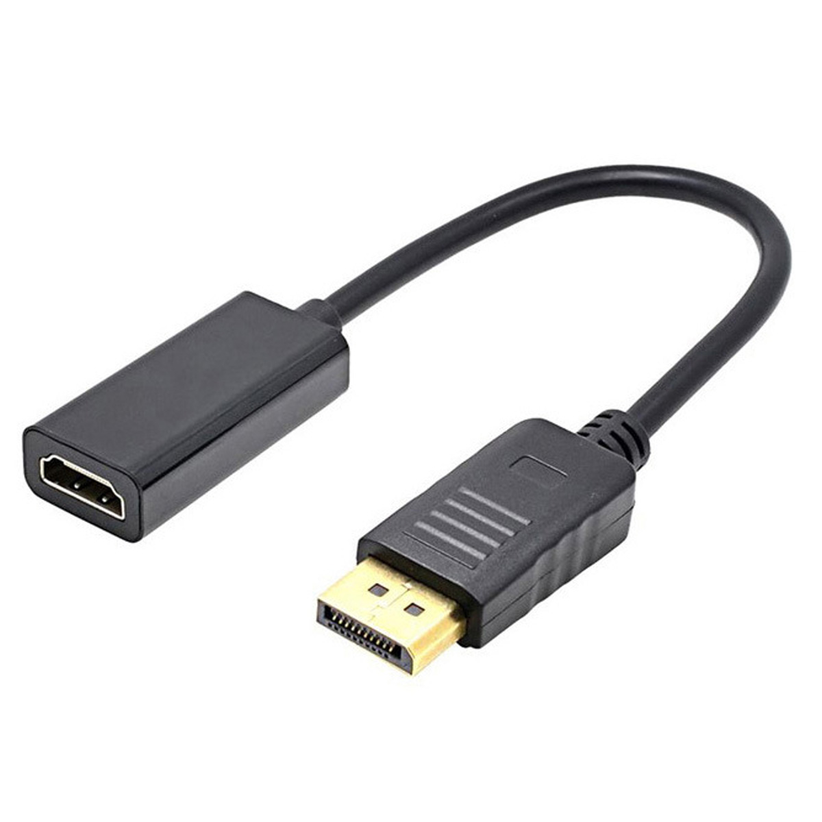 Schwarzes HDMI-zu-DisplayPort-Adapterkabel. Weißer Hintergrund.