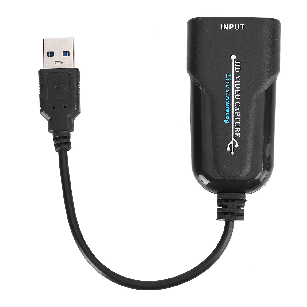 Schwarzes HD-Videoaufnahmegerät mit USB-Kabel. Gerät hat USB-Eingang, markiert als 'INPUT'.