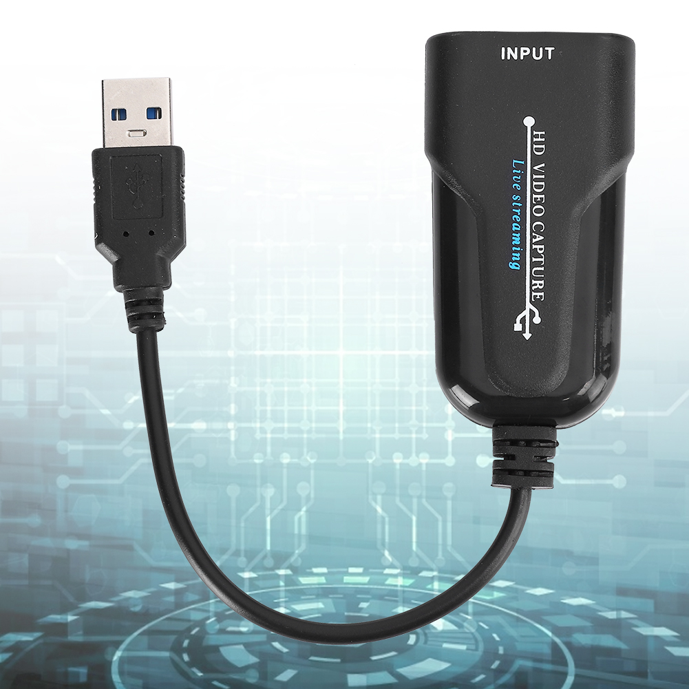 Schwarzes HD-Videoaufnahmegerät mit USB-Kabel. Gerät hat USB-Eingang, markiert als 'INPUT'.