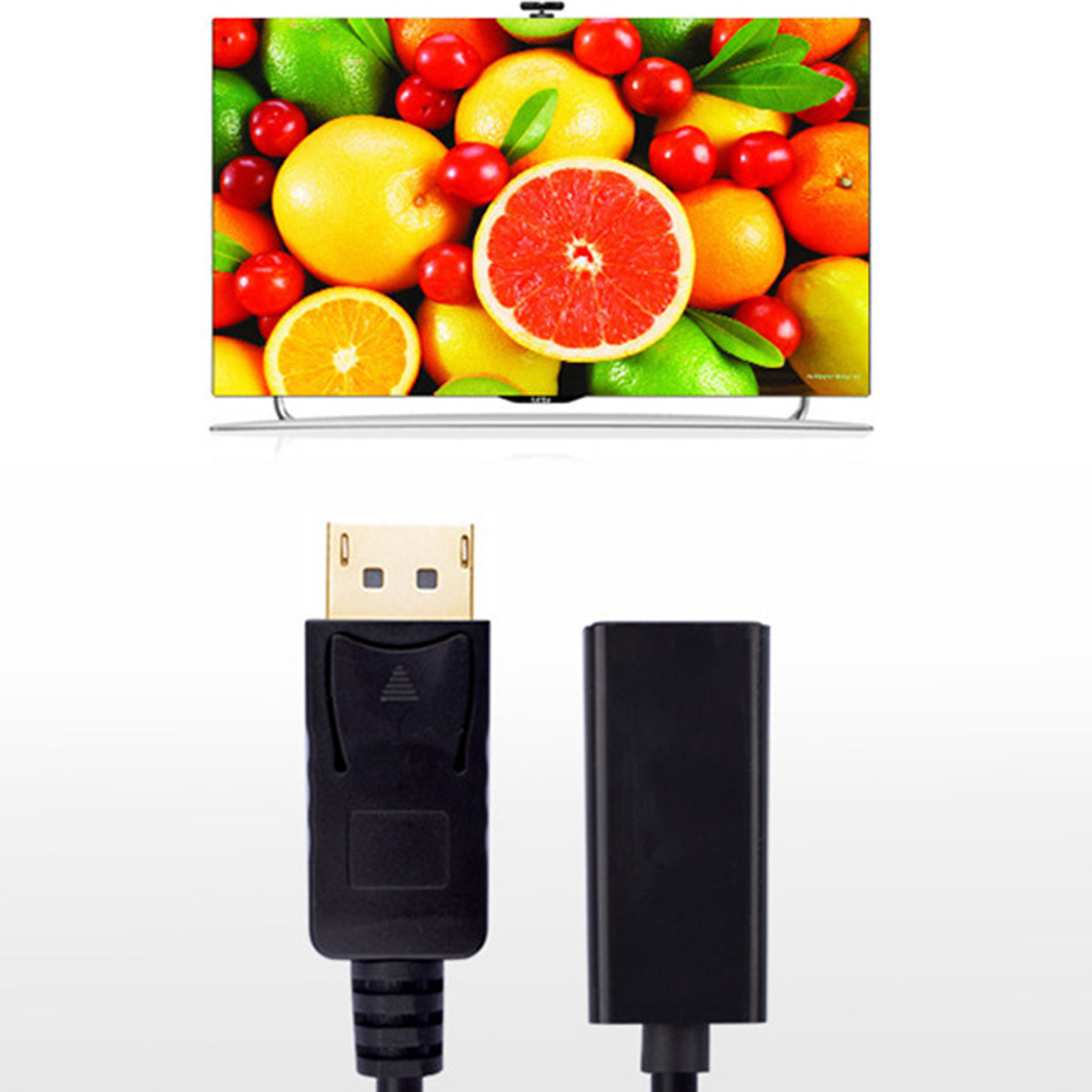TV-Bildschirm mit Früchten und ein schwarzes DisplayPort-Adapterkabel. Weißer Hintergrund.