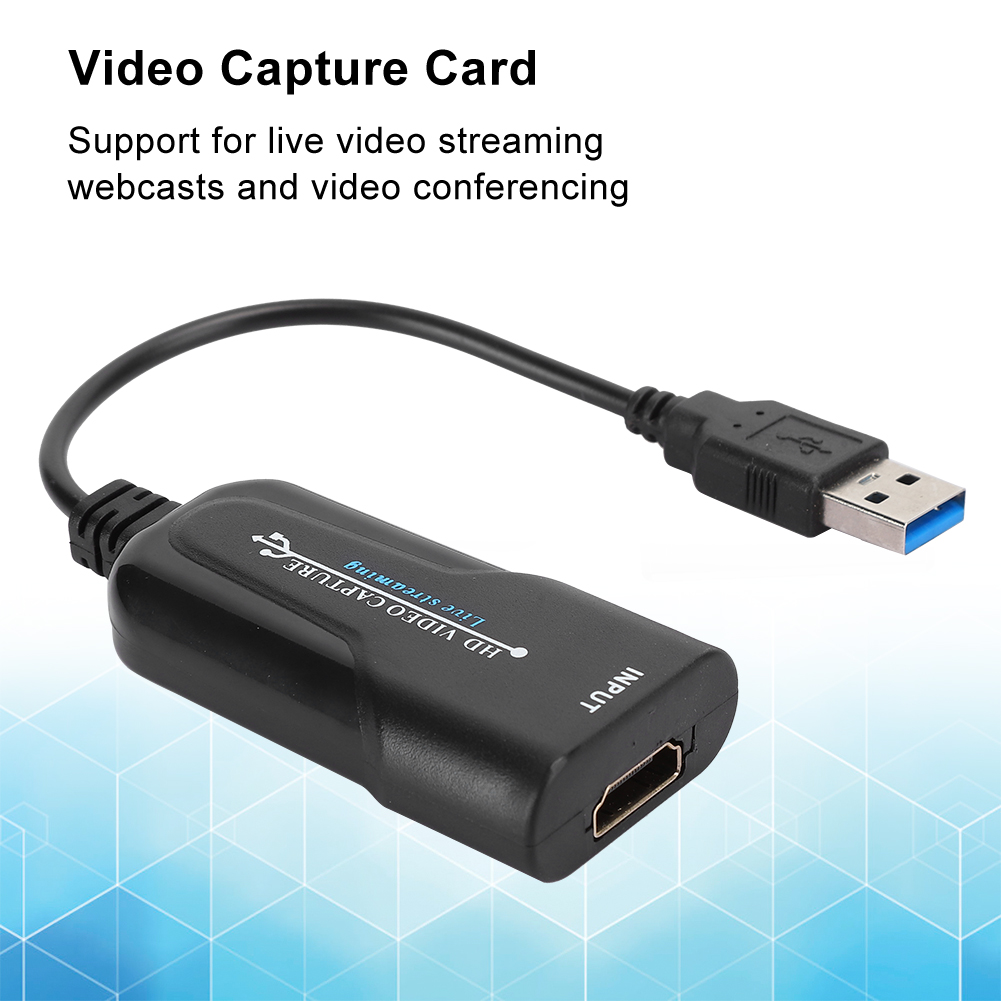 Schwarze Videoaufnahmekarte mit USB- und HDMI-Anschlüssen. Text: Videoaufnahmekarte.