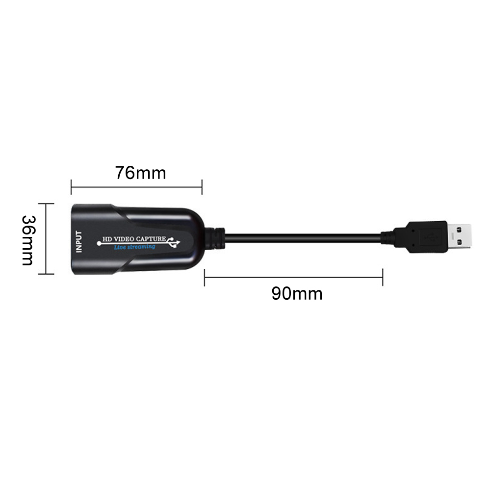 Schwarzes HDMI-Videoaufnahmegerät mit Abmessungen. Weißer Hintergrund.