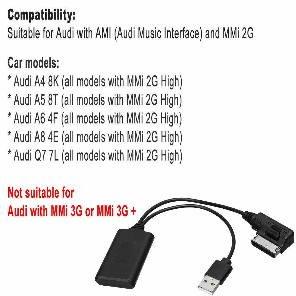 Text über Audi-Automodelle und Bluetooth-Adapter-Kompatibilität. Schwarzer Adapter mit Kabeln.
