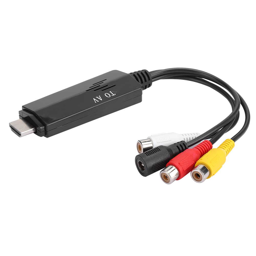 Schwarzes HDMI-zu-AV-Adapterkabel mit roten, weißen und gelben Anschlüssen. Weißer Hintergrund.