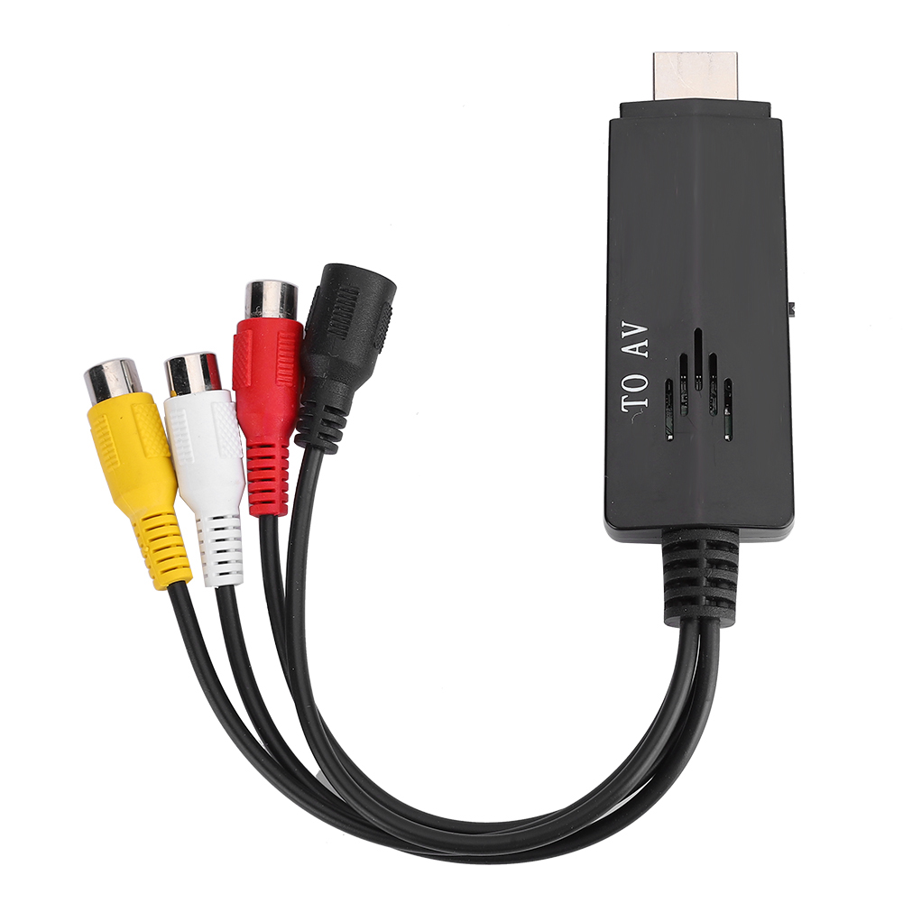 Schwarzer Adapter mit HDMI- und Cinch-Anschlüssen. Text: TO AV. Weißer Hintergrund.