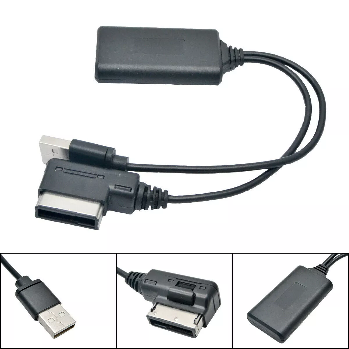 Schwarzer Auto-Audio-Adapter mit USB- und 30-Pin-Anschluss. Weißer Hintergrund.