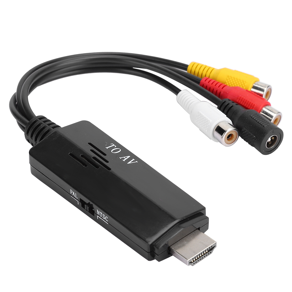 Schwarzer Adapter mit HDMI- und Cinch-Anschlüssen. Text: TO AV. Weißer Hintergrund.