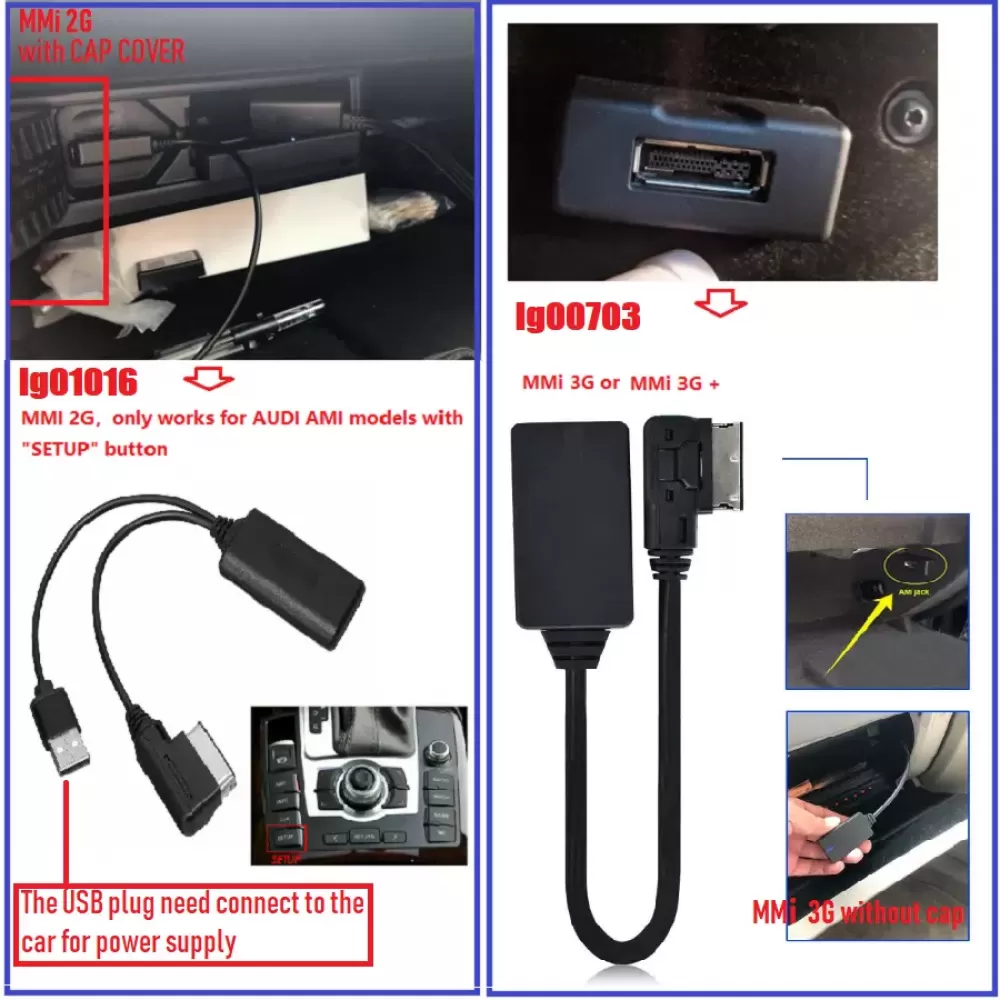 Bilder von Car-Audio-Adaptern und zugehörigen Komponenten. Verschiedene Hintergründe.