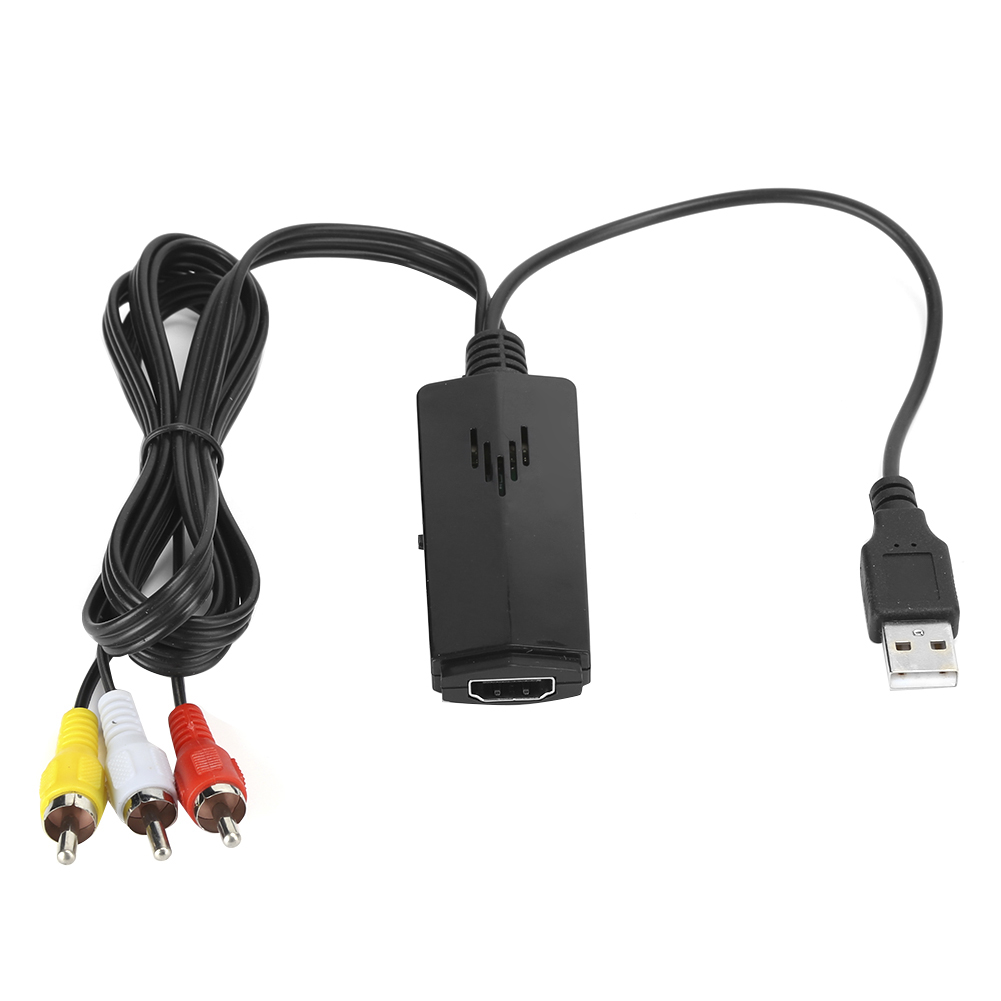 Schwarzer Adapter mit Cinch- und USB-Kabeln. Gelbe, weiße und rote Stecker. Weißer Hintergrund.