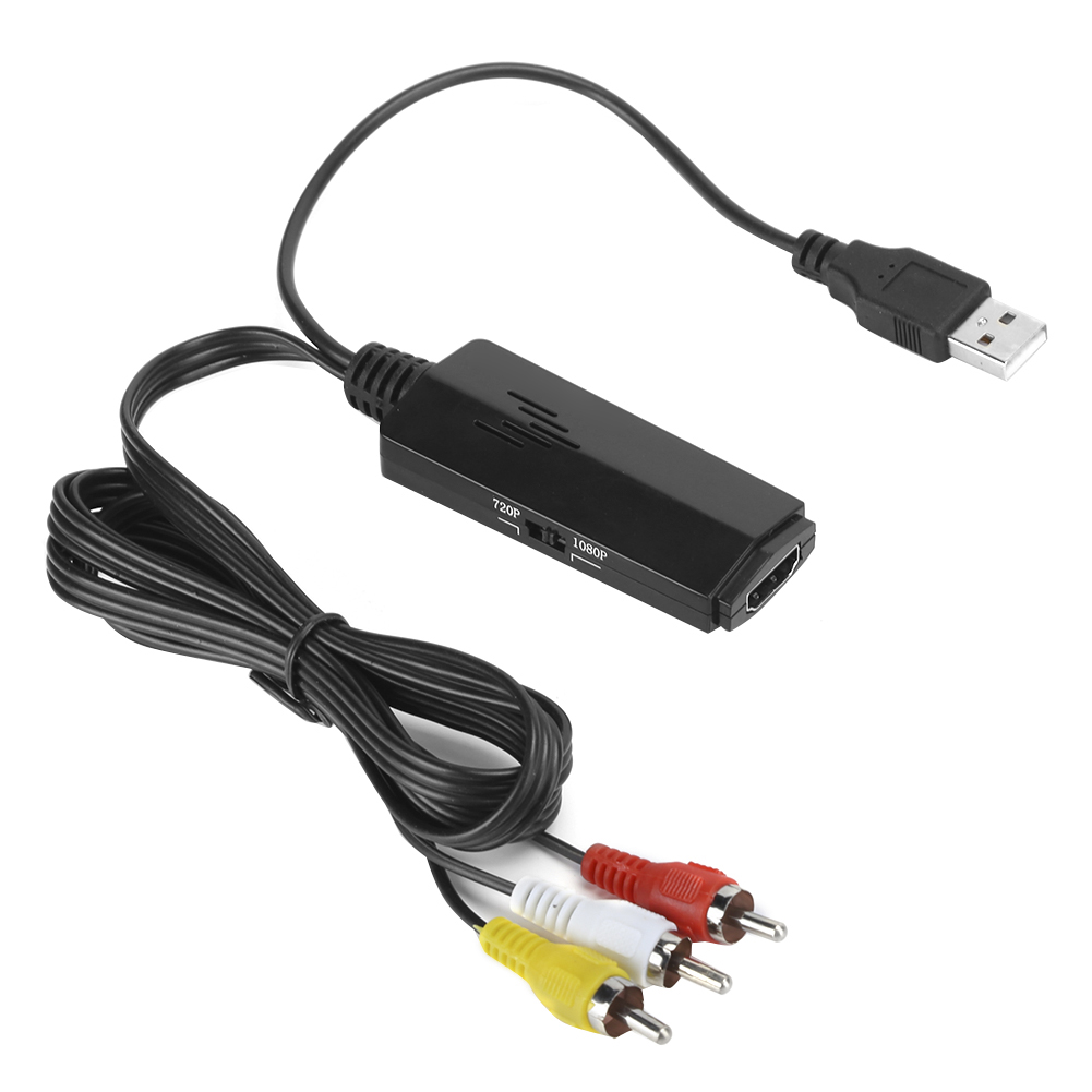 Schwarzer HDMI-zu-AV-Adapter mit USB-Kabel und Cinch-Kabeln. Der Adapter hat einen 720P/1080P-Schalter.