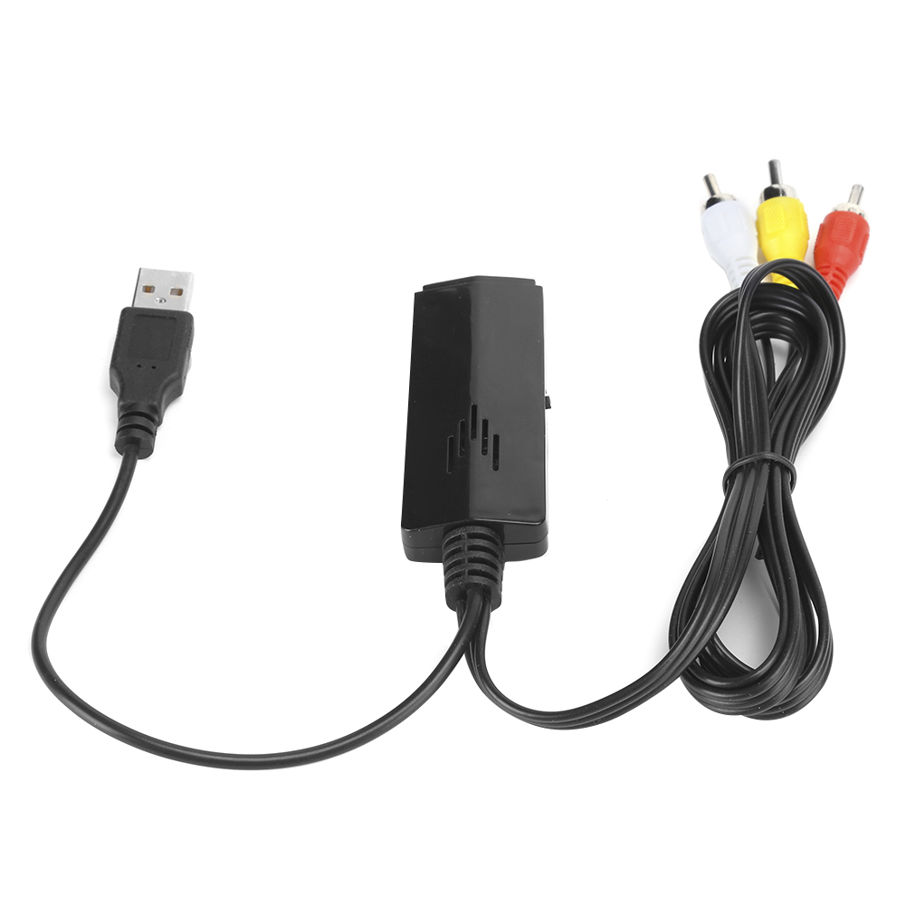Schwarzer HDMI-zu-AV-Adapter mit USB-Kabel und Cinch-Kabeln. Ein einfaches Design mit den Komponenten.