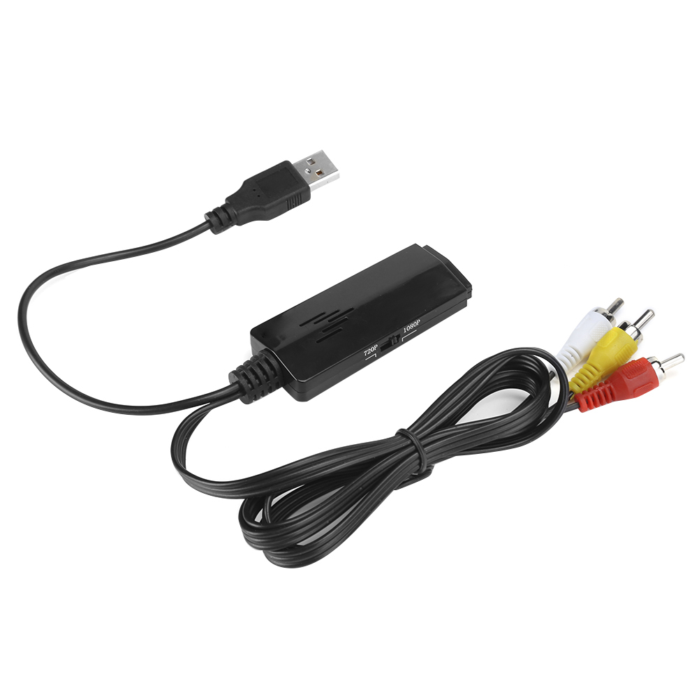 Schwarzer HDMI-zu-AV-Adapter mit USB-Kabel und Cinch-Kabeln. Er hat auch einen 720P/1080P-Schalter.