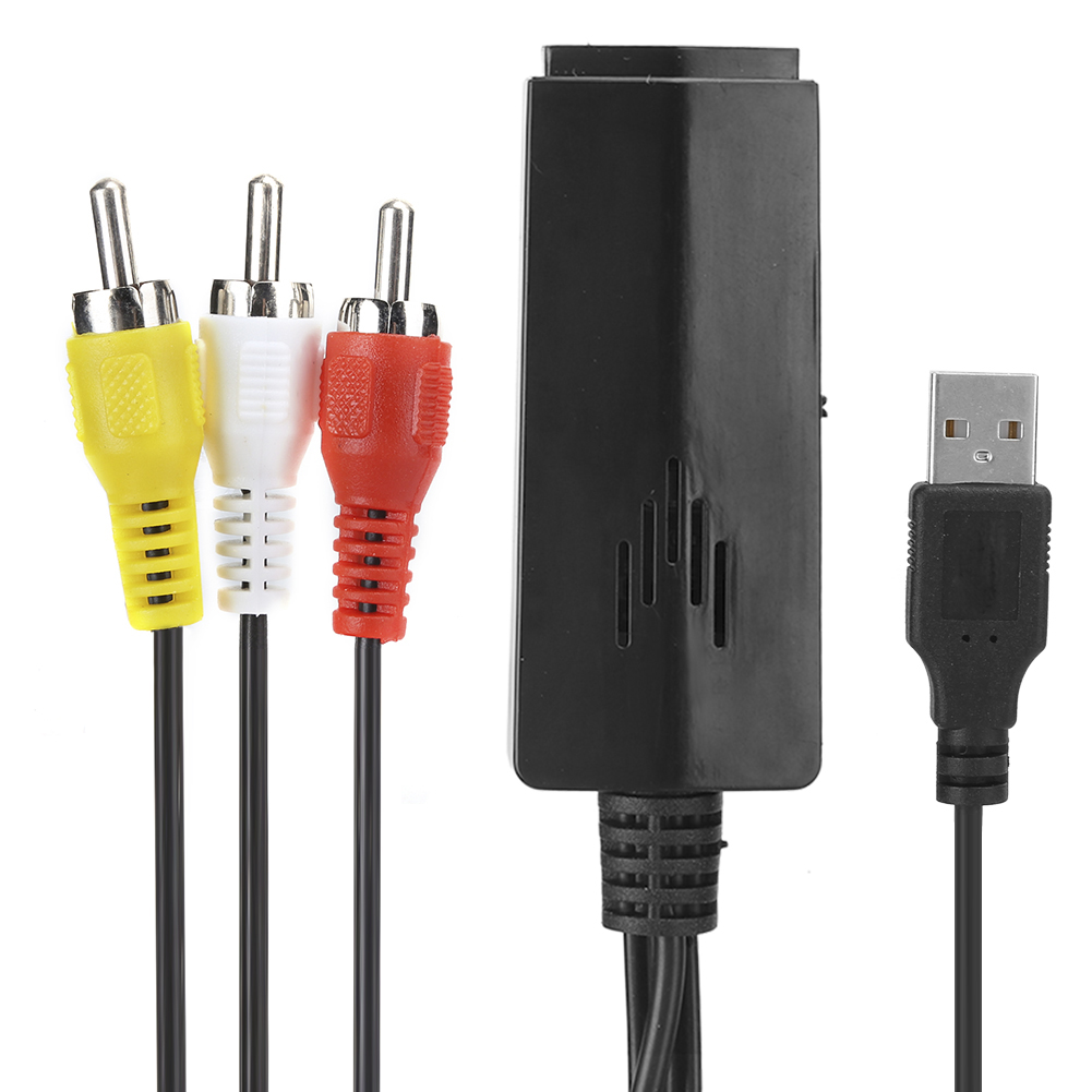 Cinch-Kabel mit USB-Kabel und einem schwarzen Adapter. Die Kabel haben rote, weiße und gelbe Stecker.