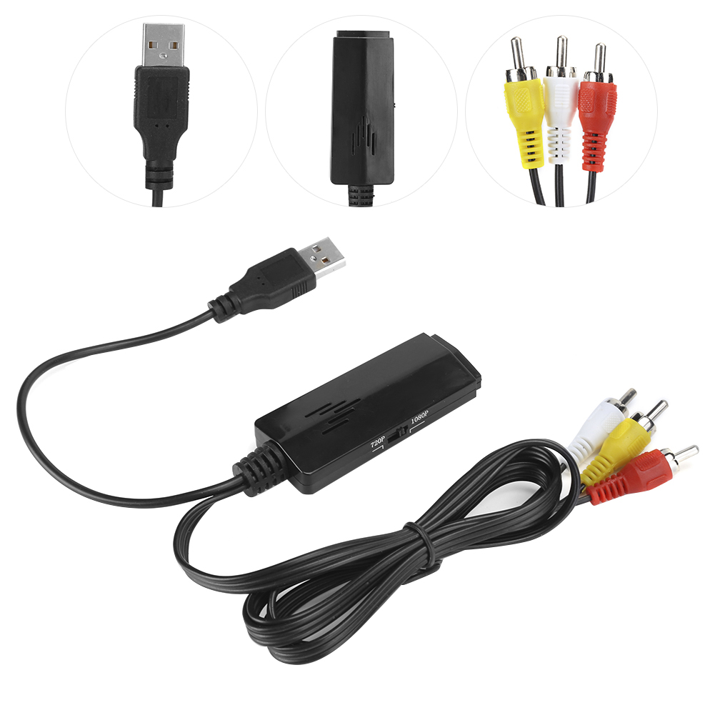 Ein schwarzer Adapter mit USB- und Cinch-Anschlüssen. Es gibt drei zusätzliche Komponenten im Bild.