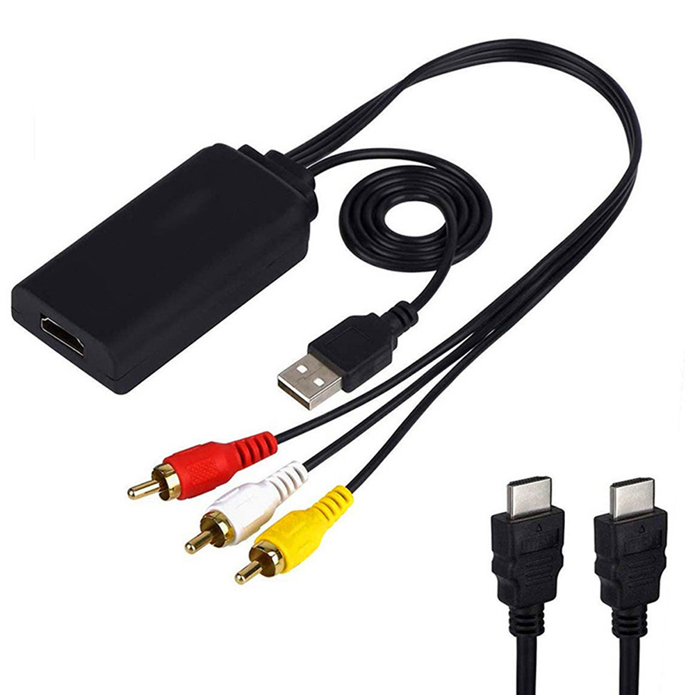 Schwarzer HDMI-zu-AV-Adapter mit USB-Kabel und Cinch-Kabeln. Außerdem sind zwei schwarze USB-C-Anschlüsse sichtbar.