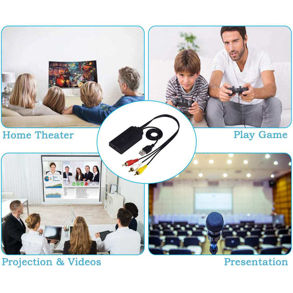 Das Bild zeigt einen schwarzen Adapter mit mehreren Kabeln und Szenen von Heimkino, Spielen, Projektion und Präsentation.