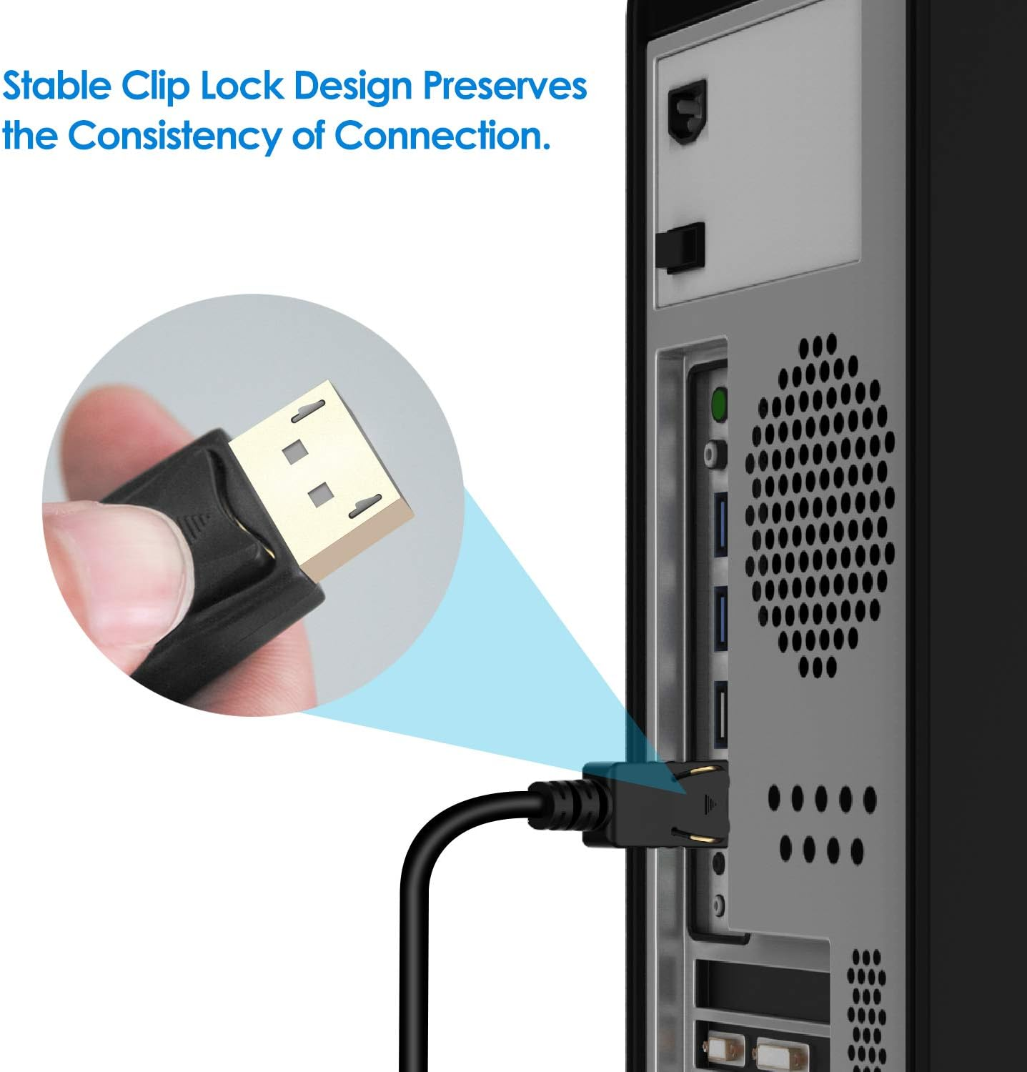 Nahaufnahme zeigt eine Hand, die einen schwarzen DisplayPort-Stecker in einen Computer einsteckt. Ein blauer Scheinwerfer ist vorhanden.