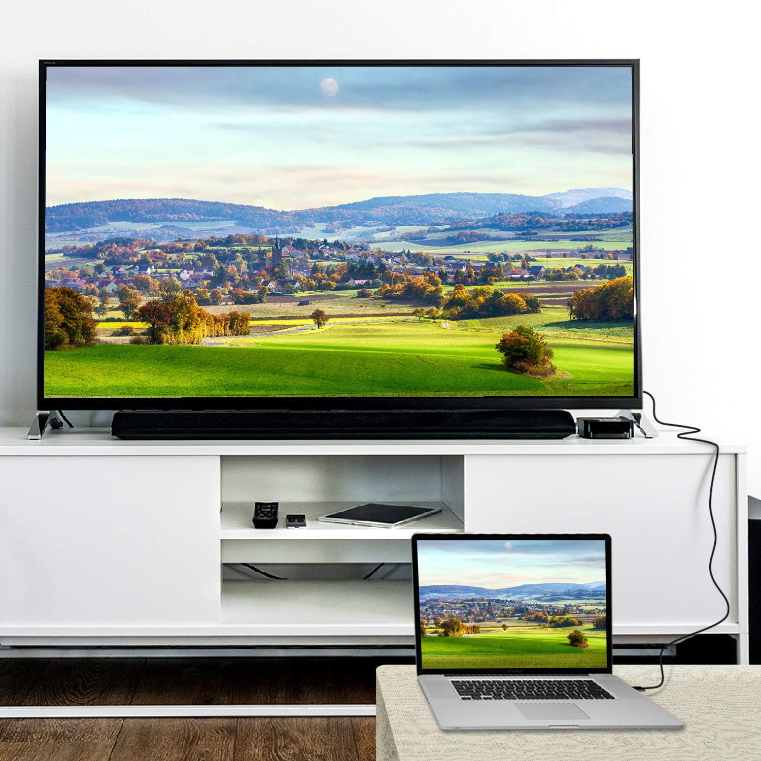 Ein Laptop zeigt eine Landschaftsszene, die das Bild auf einem großen Fernseher spiegelt, der über ein Kabel verbunden ist.