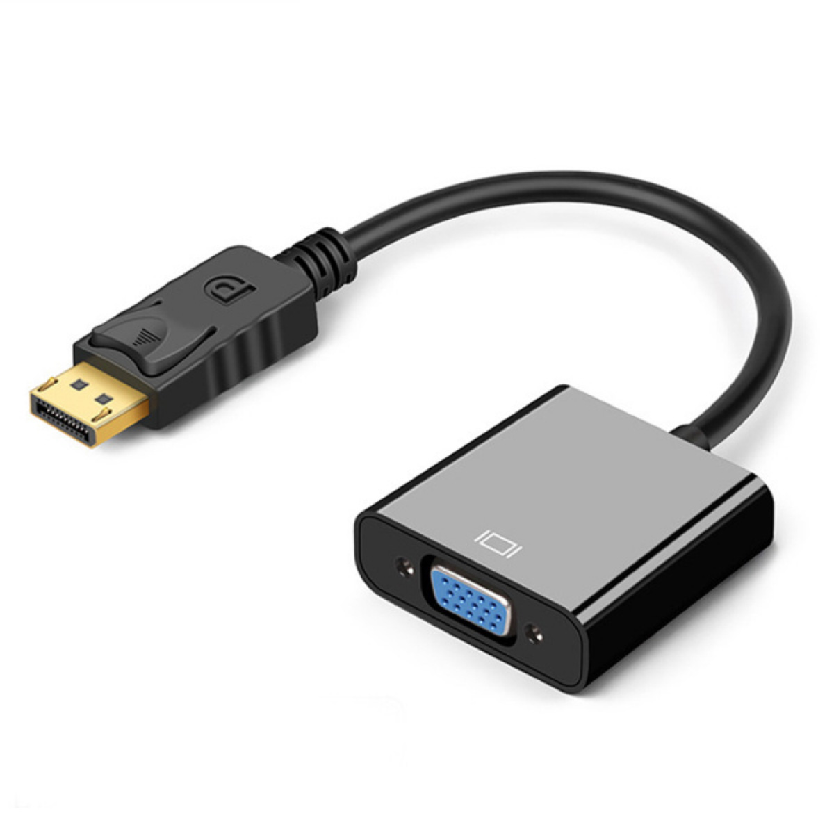 Ein schwarzer und grauer Adapter mit einem DisplayPort-Eingang und einem VGA-Ausgang, verbunden durch ein schwarzes Kabel.
