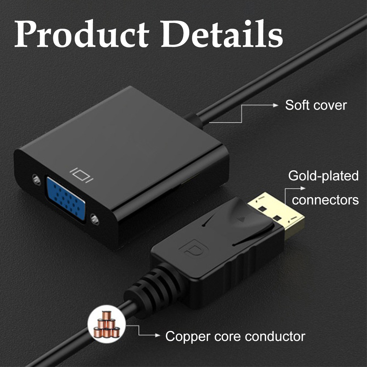 Nahaufnahme eines schwarzen Adapters mit vergoldeten Steckern, VGA-Anschluss und Kupferkernleiter, mit Beschriftungen.