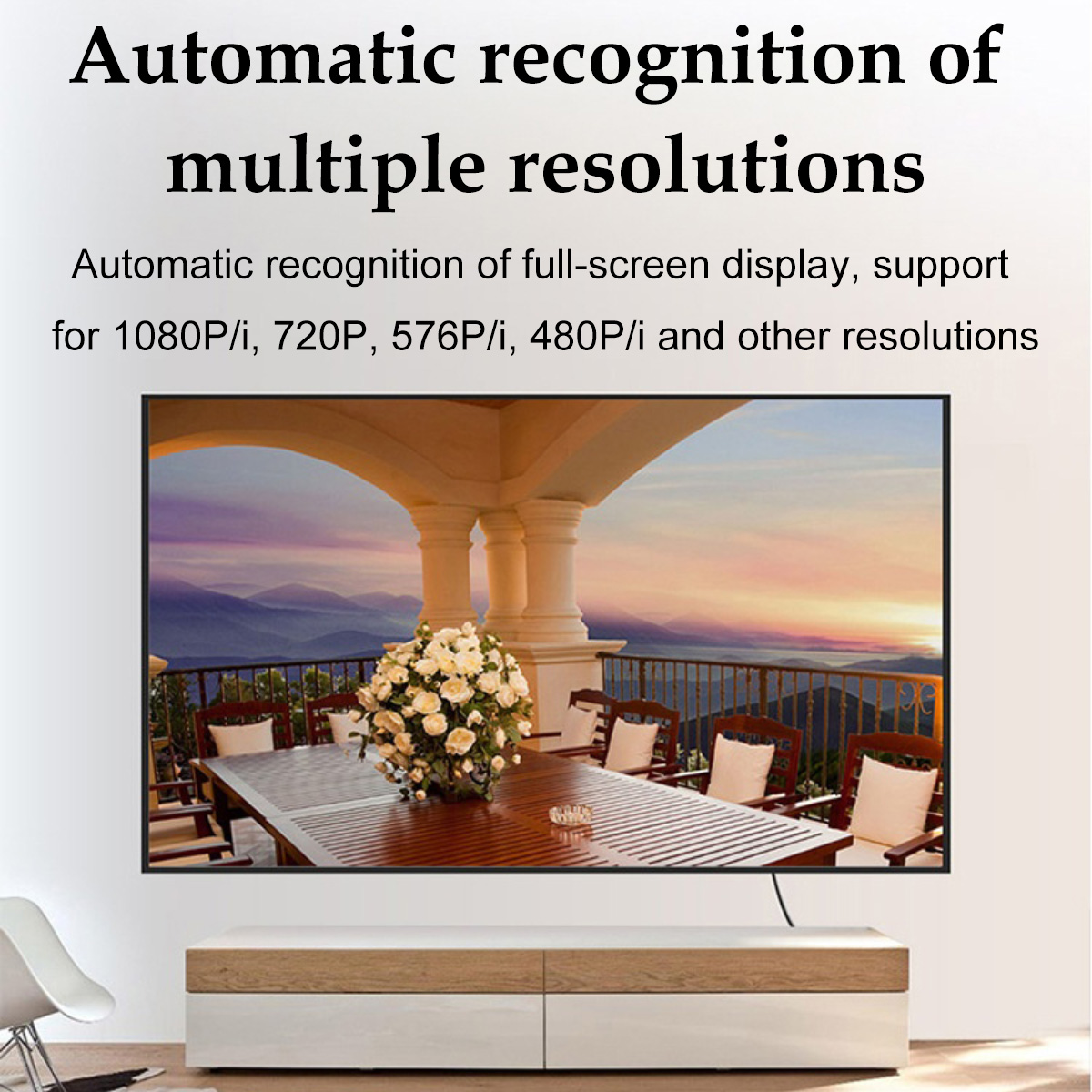 TV zeigt Balkonszene mit Blumen und Tisch. Text: Automatische Erkennung mehrerer Auflösungen.