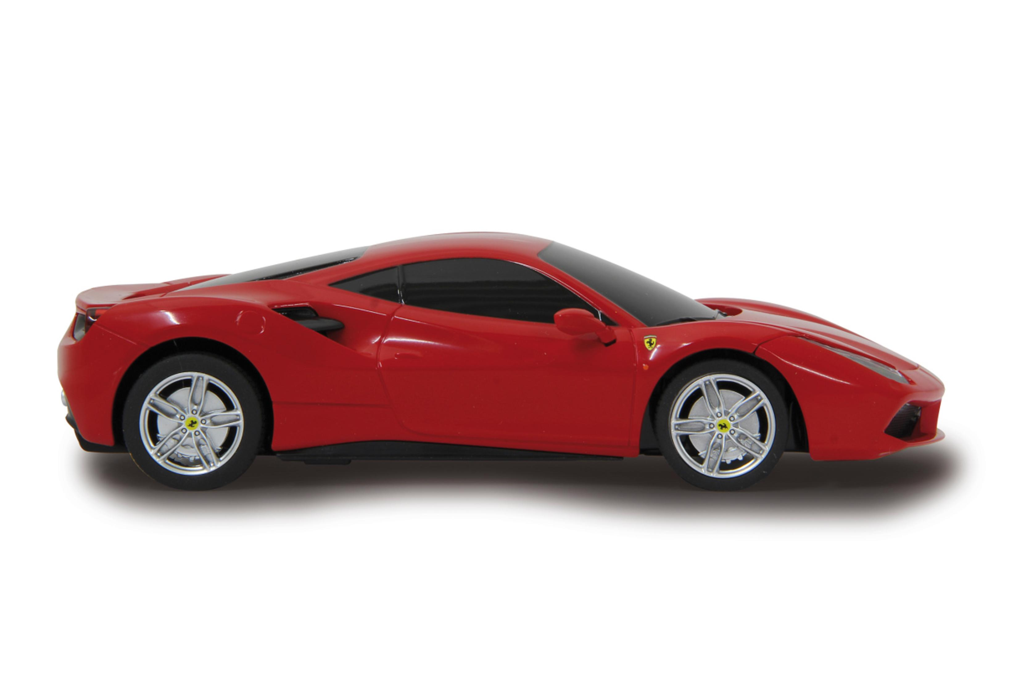 Roter Ferrari 488 GTB Sportwagen auf weißem Hintergrund, Seitenansicht.