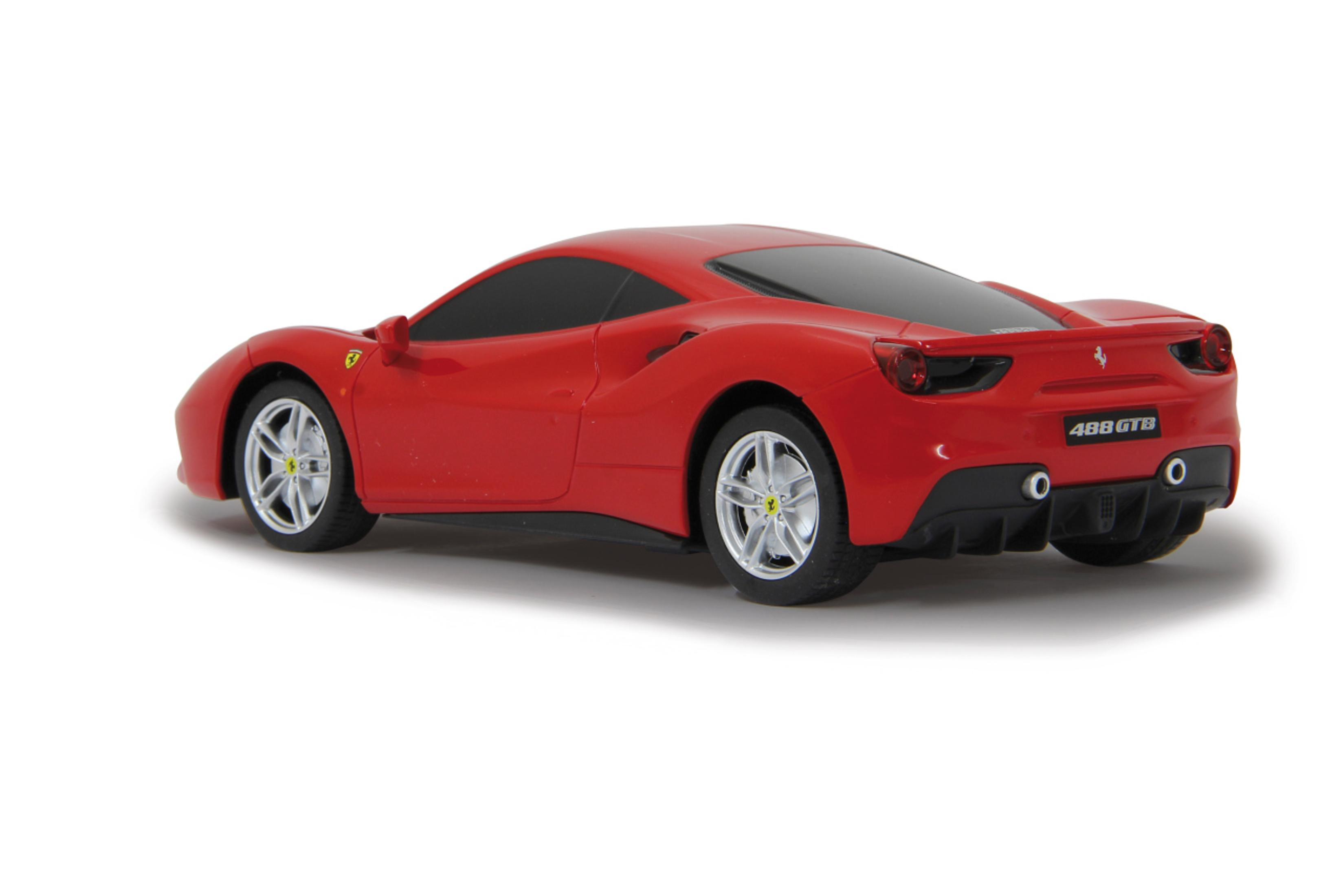 Roter Ferrari 488 GTB Sportwagen auf weißem Hintergrund, Rückansicht.