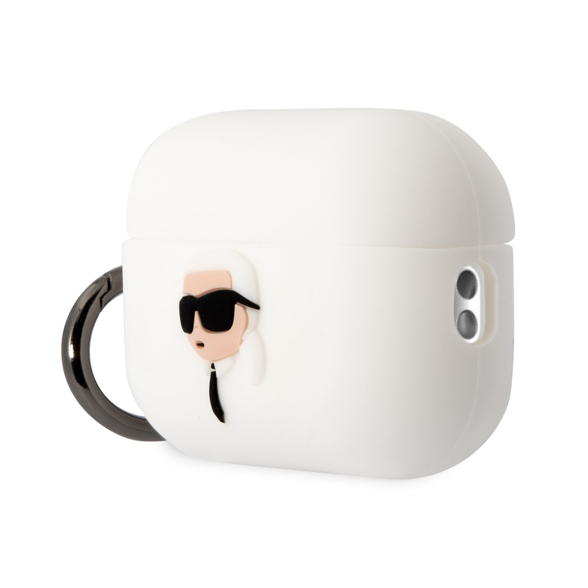 Funda blanca Karl Lagerfeld AirPods con logo negro y lazo negro.