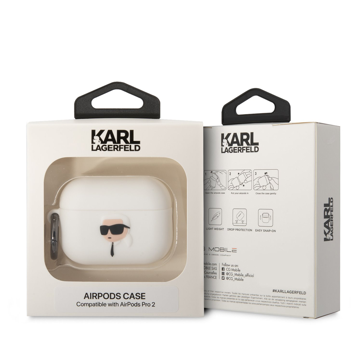 Una caja de la funda Karl Lagerfeld AirPods Pro 2. La funda AirPods es visible.