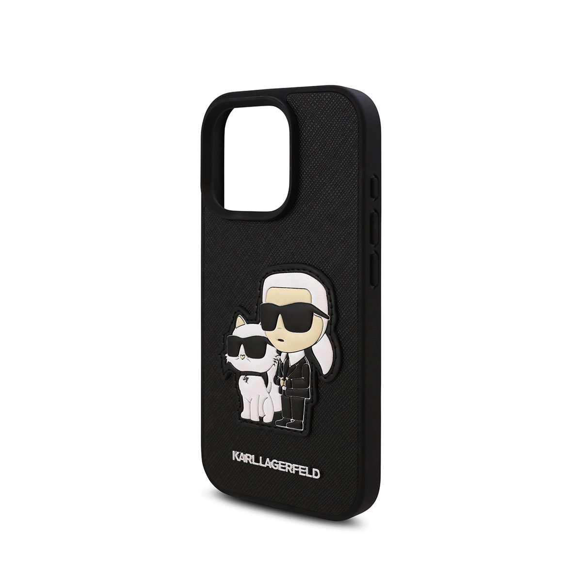 Custodia nera con design Karl Lagerfeld e gatto, sfondo strutturato.