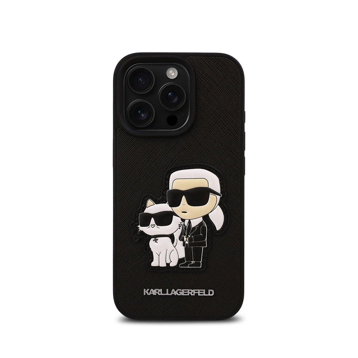 Custodia nera con design Karl Lagerfeld e gatto.