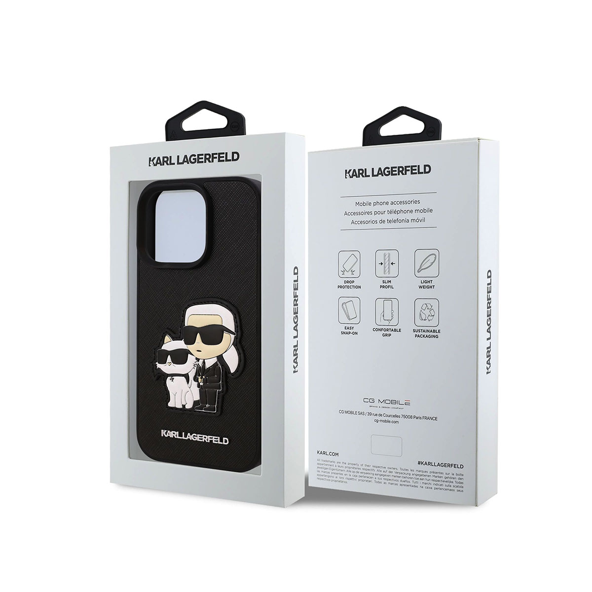Confezione della custodia per telefono Karl Lagerfeld. È visibile una custodia nera, con un'immagine di cartone animato.
