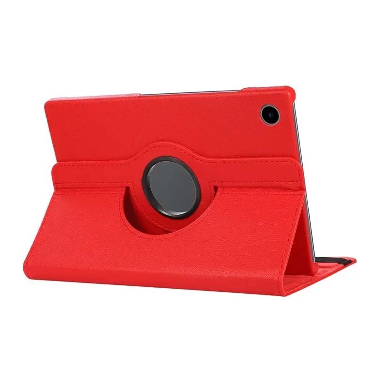 Custodia per tablet rossa aperta, con tablet all'interno, su sfondo bianco. La custodia è in posizione di supporto.