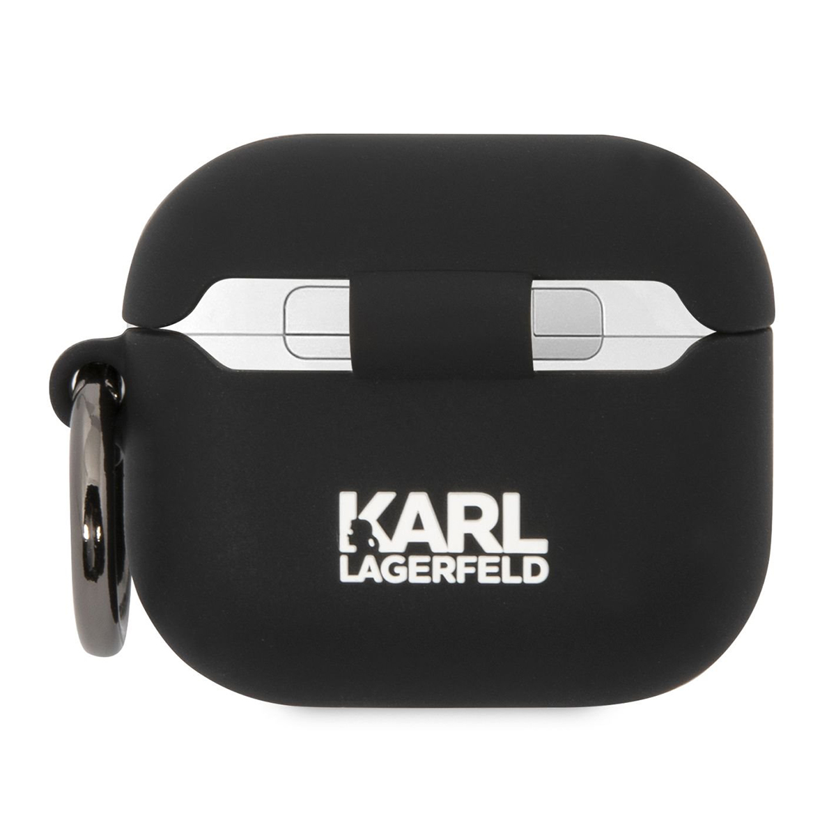 Funda negra para AirPods con logo Karl Lagerfeld. Acentos plateados.