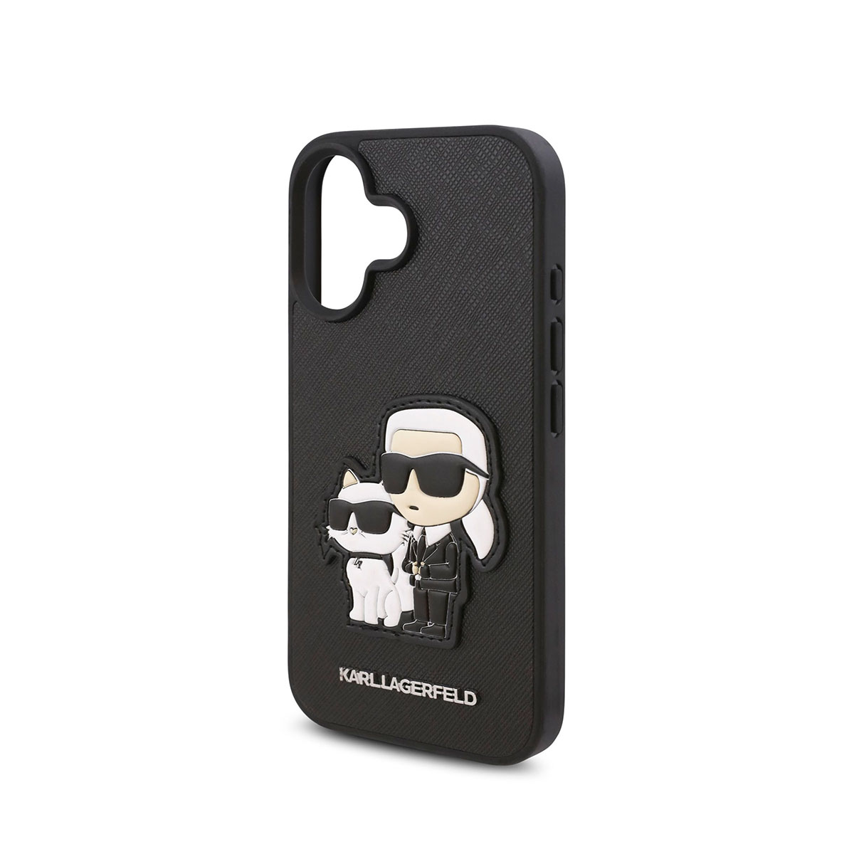 Custodia per telefono nera con un design di Karl Lagerfeld: un cartone di Karl e un gatto bianco.