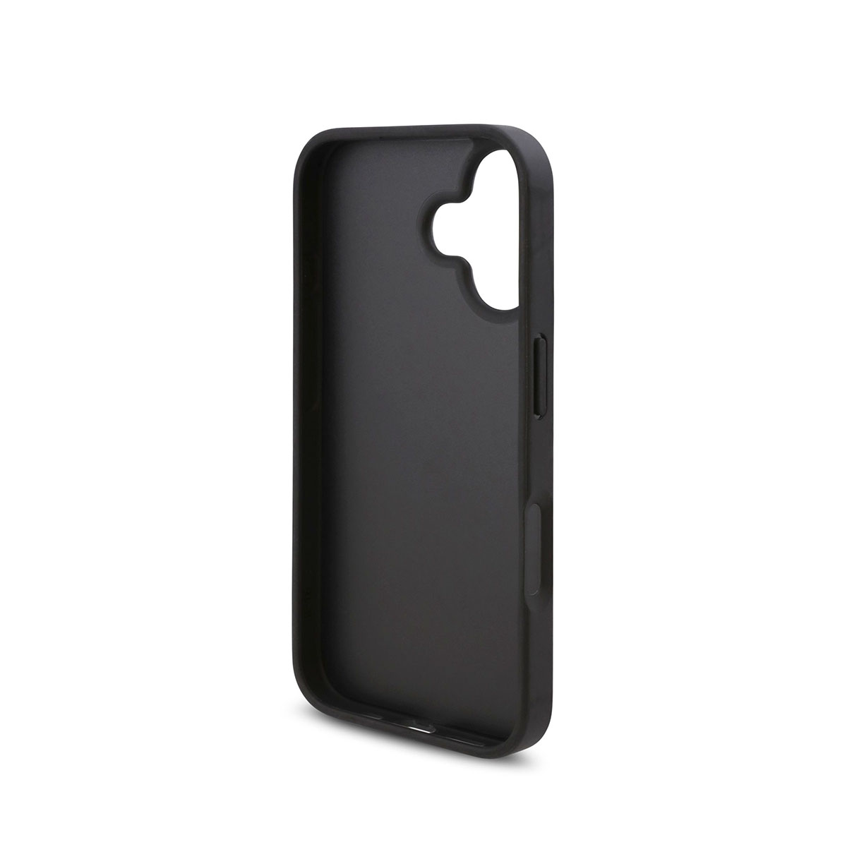 Interno di una custodia per telefono nera con fori per fotocamera e pulsanti laterali.
