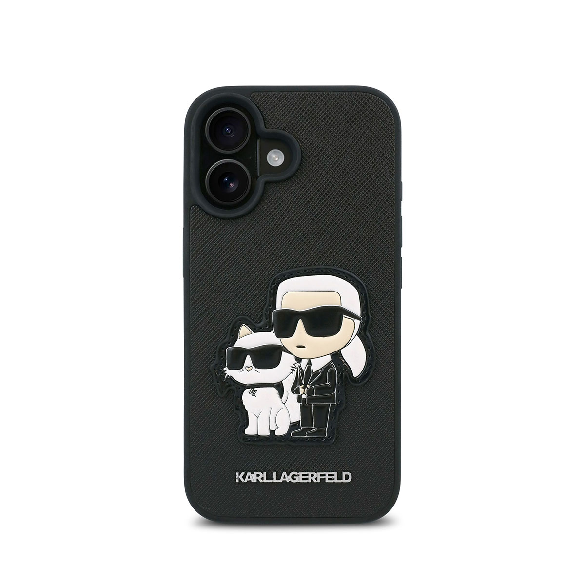 Custodia per telefono nera con un design di Karl Lagerfeld: un cartone di Karl e un gatto bianco.