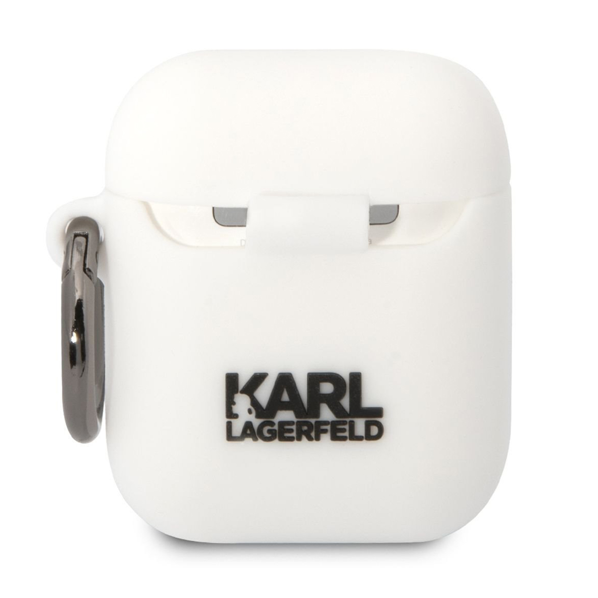 Funda blanca para AirPods con el logo de Karl Lagerfeld en negro en la parte inferior.