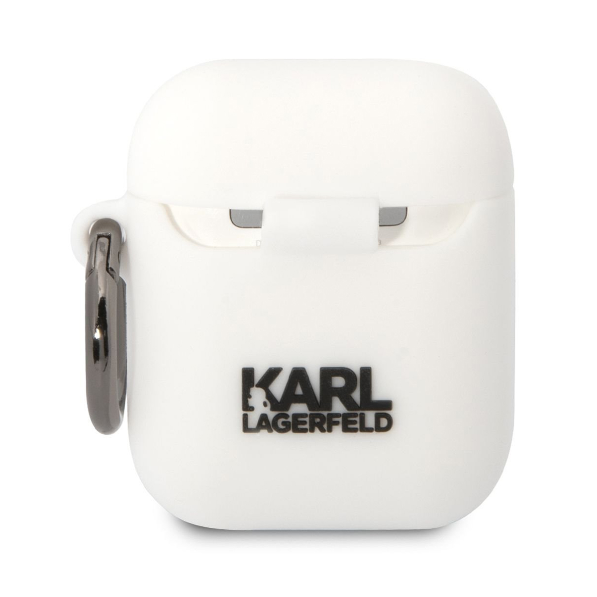 Funda blanca Karl Lagerfeld para AirPods con anillo negro. Logotipo al frente.